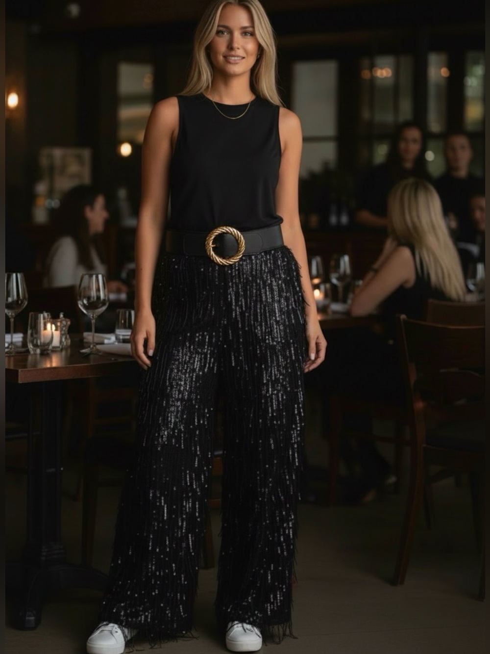 Gibson Latimer Black Sequin Fringe Wide Leg Pants
